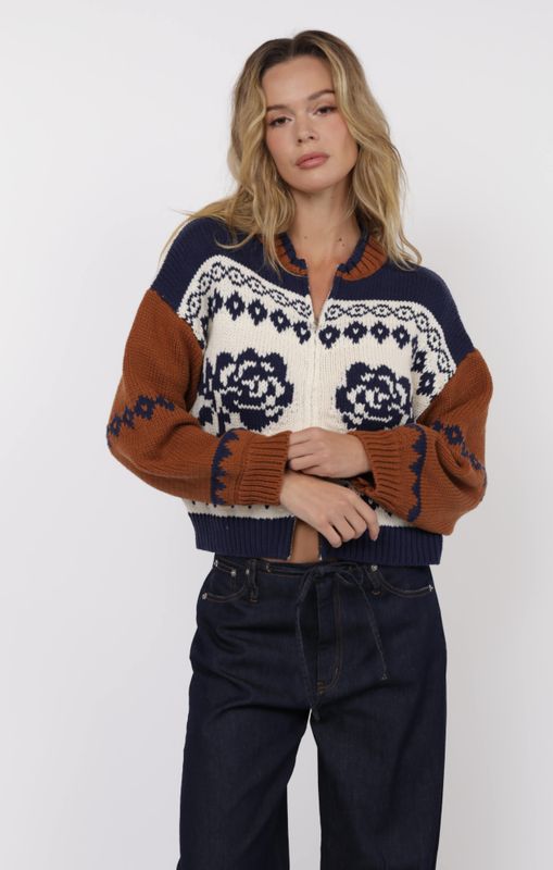 Sweet Rose Jacquard Zip Sweater Jacket