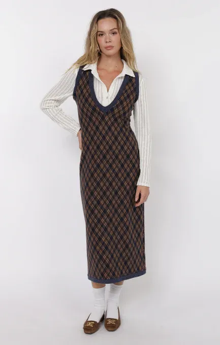 In Time V Stretch Plaid Midi Dress