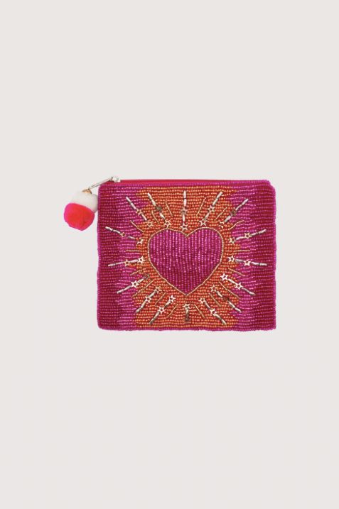 Pink Heart With Gold Rays Beaded Pouch