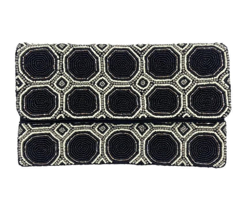 Black/Cream Octagon Beaded Clutch