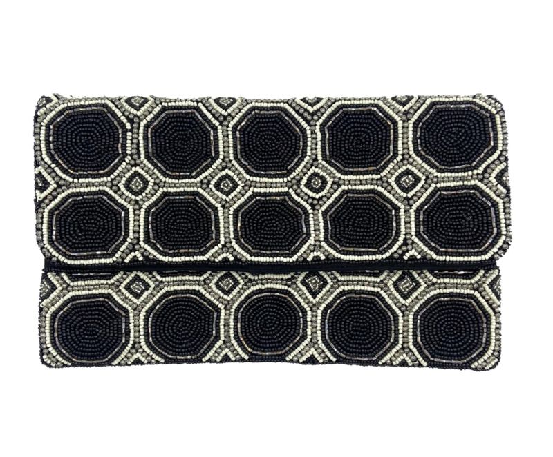 Black/Cream Octagon Beaded Clutch