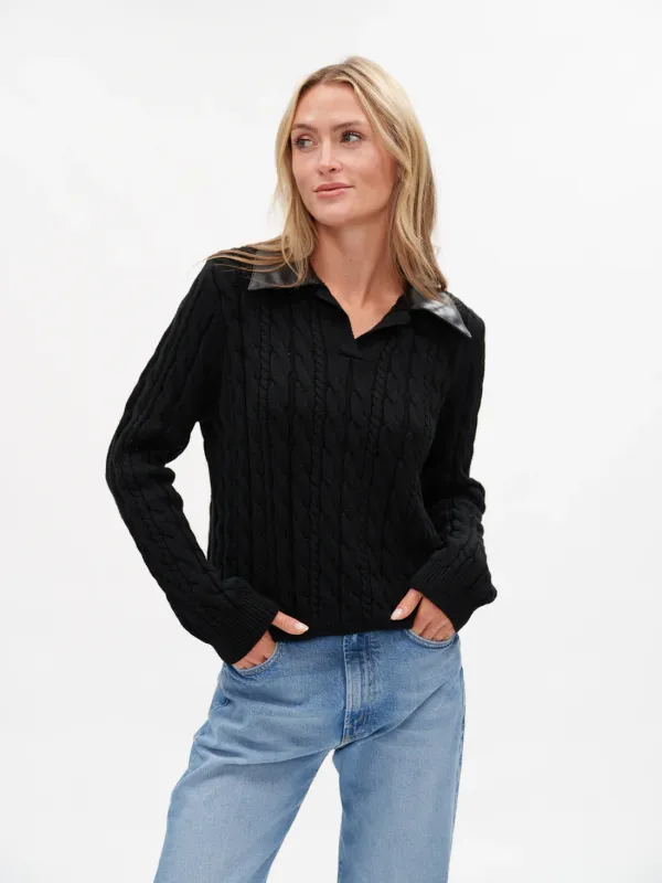 Chiara V-Neck Cable Knit Faux Leather Top