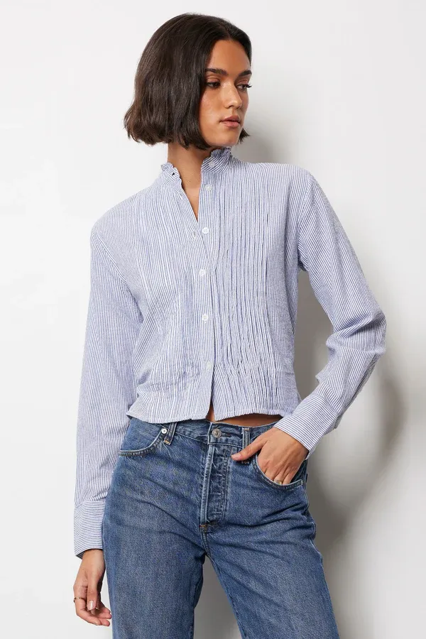 Pintuck Long Sleeve Top with Back Belt