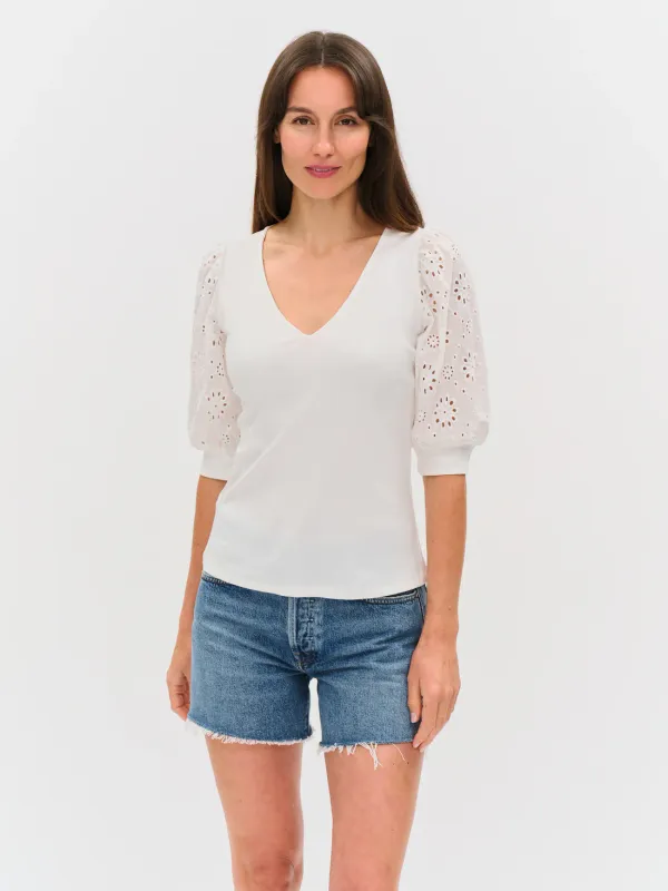 Esme Ribbed V Neck Eyelet Sleeve Top