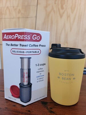 AeroPress GO & Boston Bean branded 8oz cup
