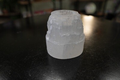 ROUGH SELENITE CANDLE HOLDER ETCHED TOWER