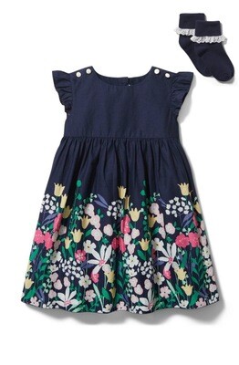 Janie And Jack, FLORAL BORDER DRESS with socks  - size: 6 - 12 months