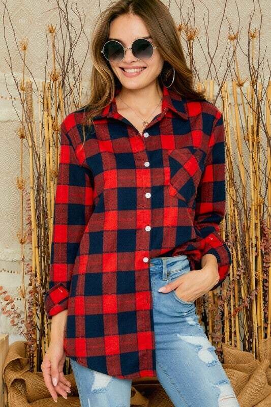 Navy & Red Plaid Flannel Rolled Tab Shirt