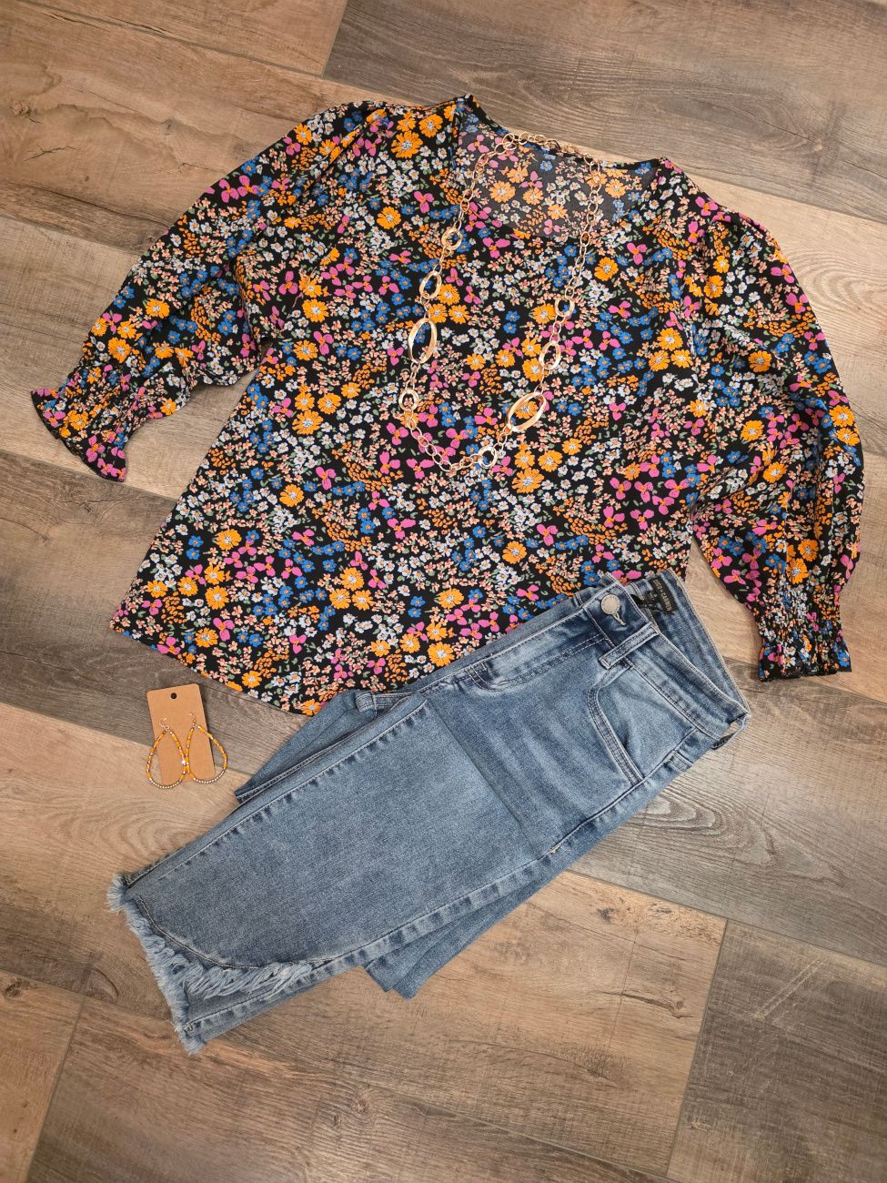 DT 3/4 Sleeve Top Blk Floral