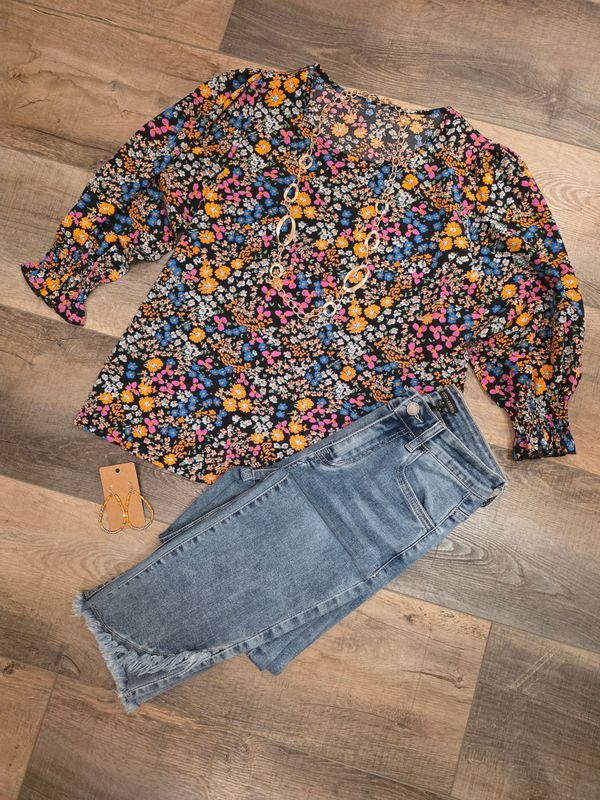 DT 3/4 Sleeve Top Blk Floral