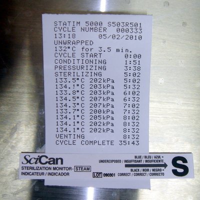 Chemical Indicator and Statim 5000 Printout