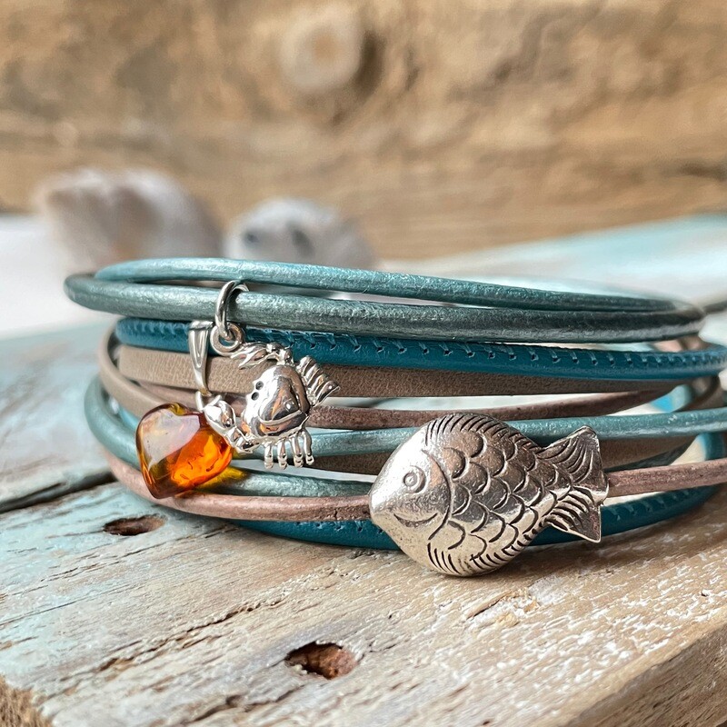 Lederarmband 925er Silber-Fisch/Bernstein..... Lederarmband 925er Silber-Fisch/Bernstein.....