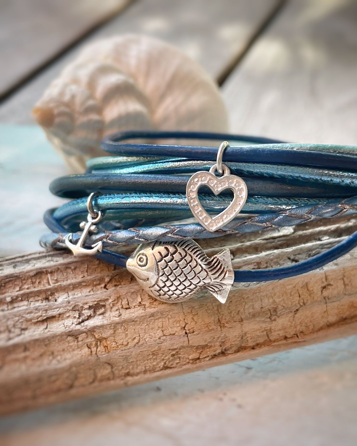 Lederarmband 925er Silber-Fisch/Herz/Anker