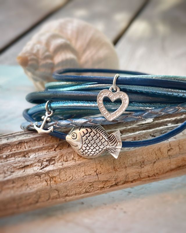 Lederarmband 925er Silber-Fisch/Herz/Anker Lederarmband 925er Silber-Fisch/Herz/Anker