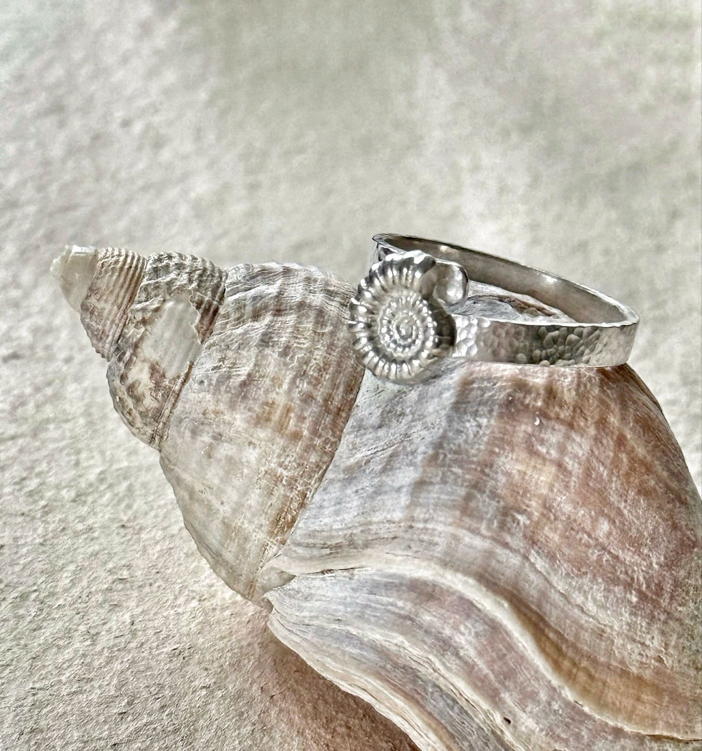 Meerfein ❤️ gehämmerter Ring, handgeschmiedet aus 925er Silber mit Ammonit