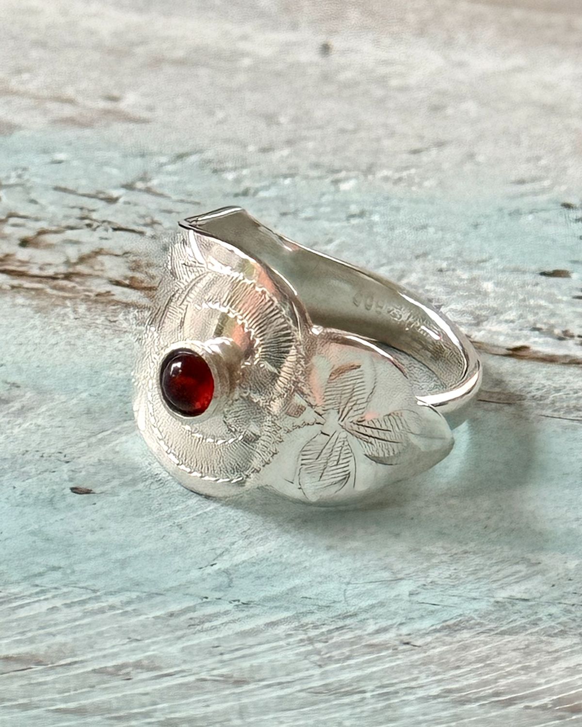 Silberlöffelring mit Bernstein, Reserviert für GM.