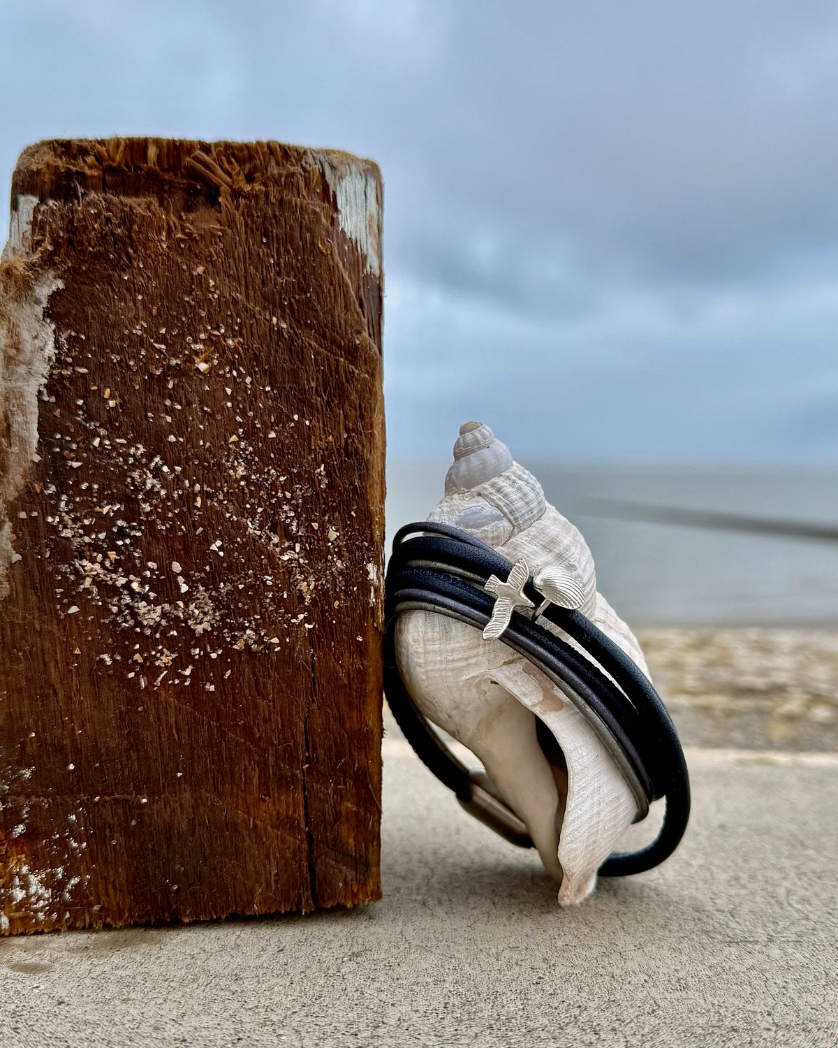 925er Silber/ Nappaleder- Armband mit Möwe & Muschel