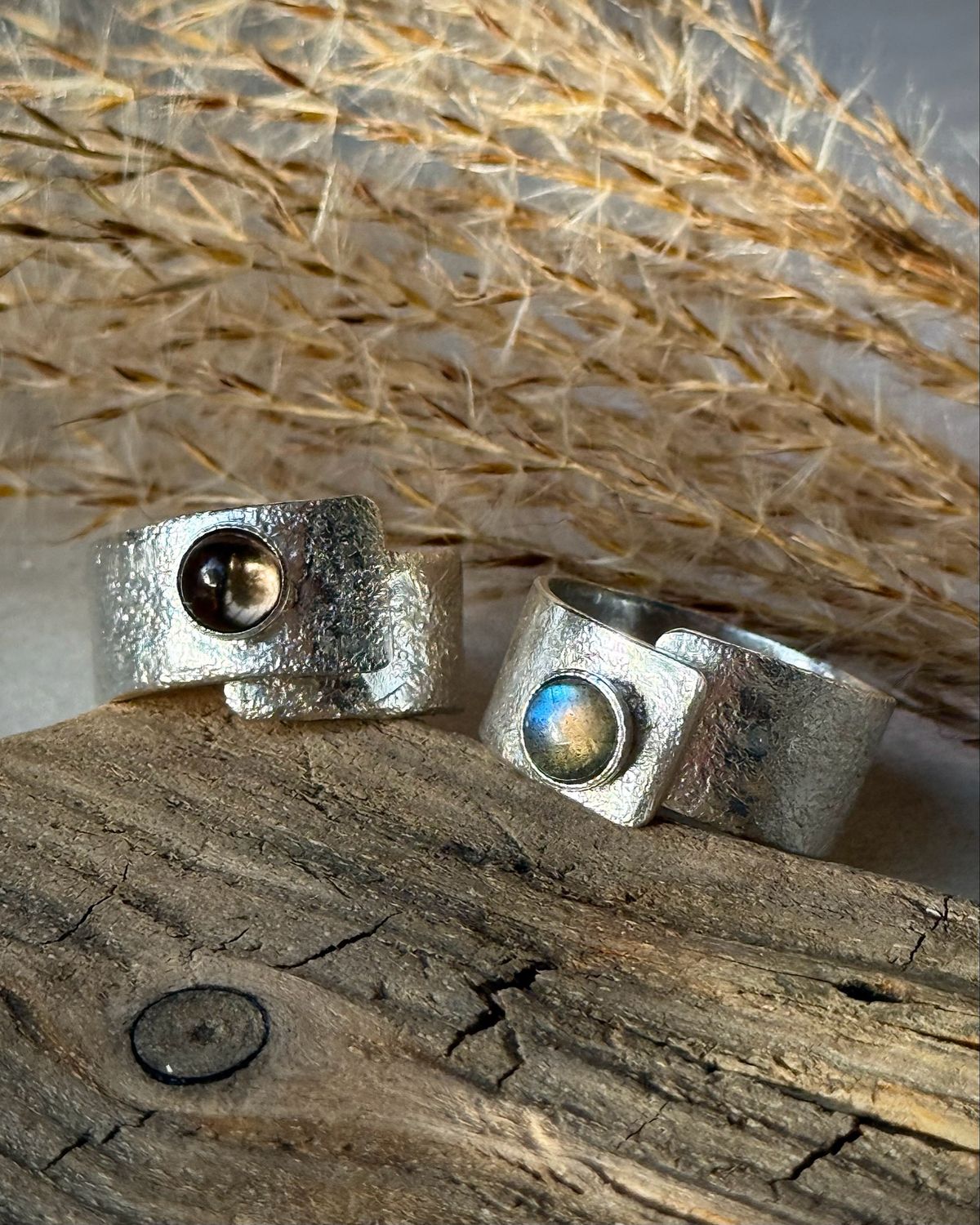 Kunstmolkieken/Meerfein ? Südstrand Ring. Verstellbar. Handgemacht/ 925er Silber mit Labradorit oder Topaz