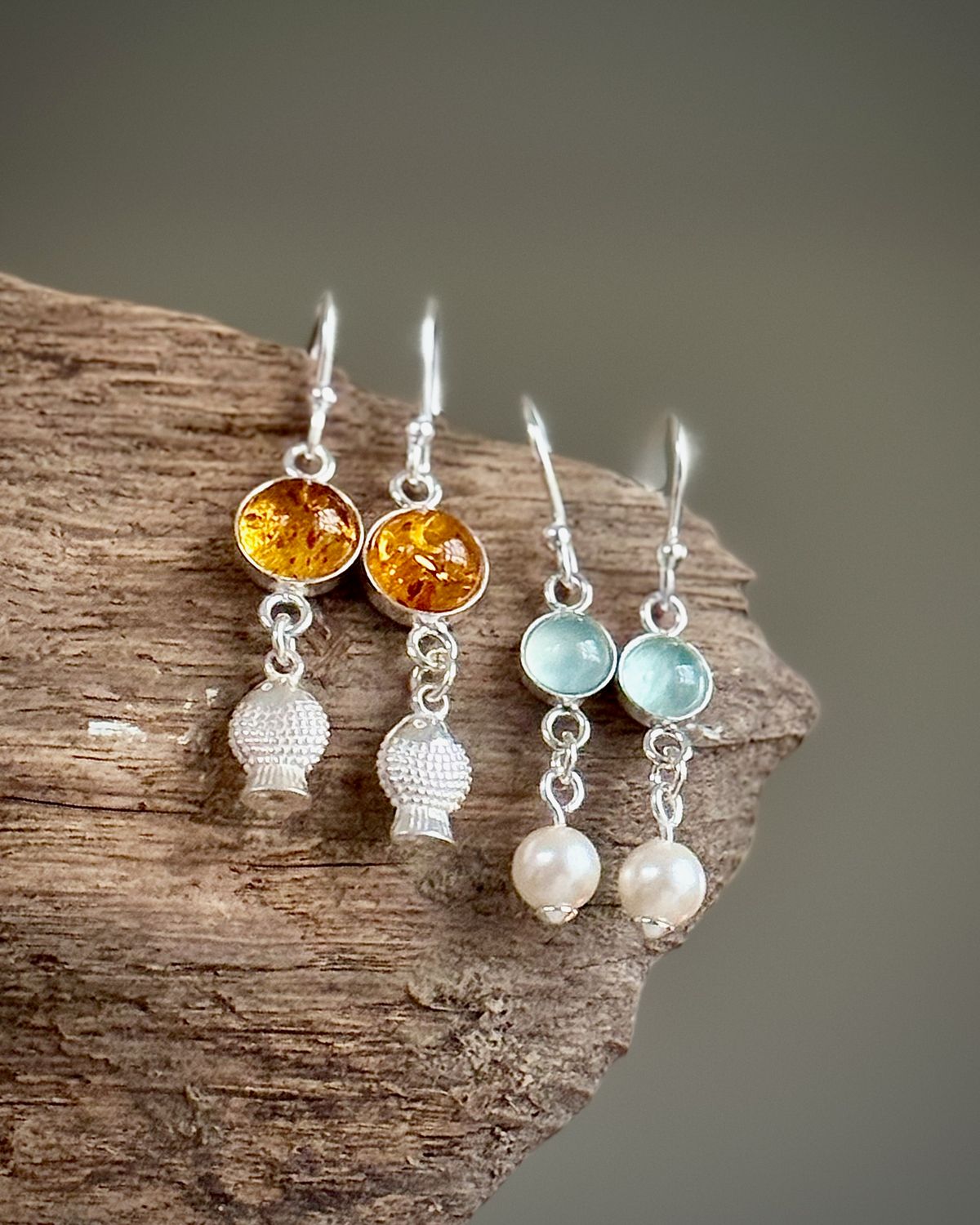 925er Silber Ohrringe ? handgemacht /Bernstein/Chalcedon/Süßwasserperle