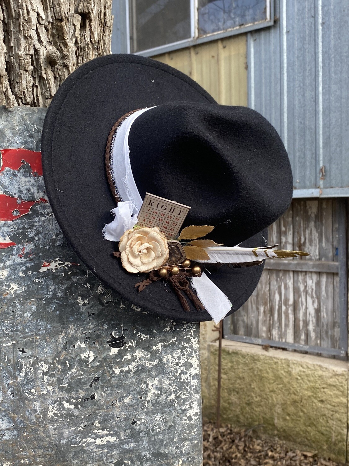 Black Western Hat - gold & white flowers with pink
