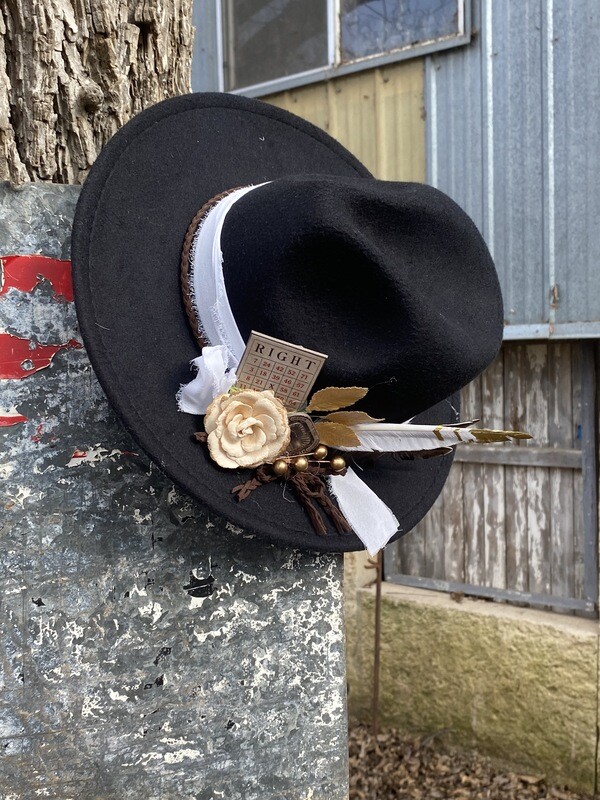 Black Western Hat - gold &amp; white flowers with pink