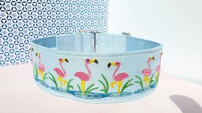 Embroidered Collar &#39;Flamingos&#39; Martingale, House or Clip