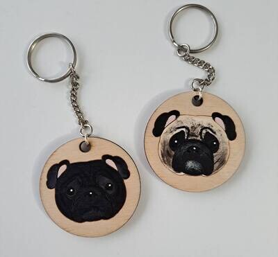 Pug Wooden Keyring, Dog Key ring, Keyring, Keychain, Dog Key chain, Pug Gift, Pug