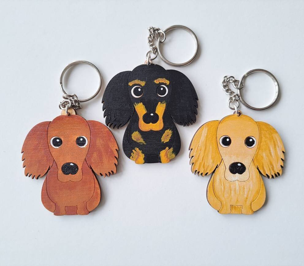 Long Haired Dachshund Wooden Keyring, Dog Key ring, Keyring, Keychain, Dog Key chain, Dachshund Gift, Dachshund