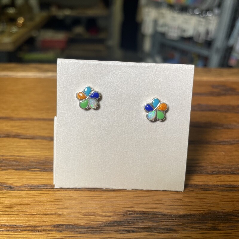 Sterling Silver Inlaid Studs - Multicolor Flowers