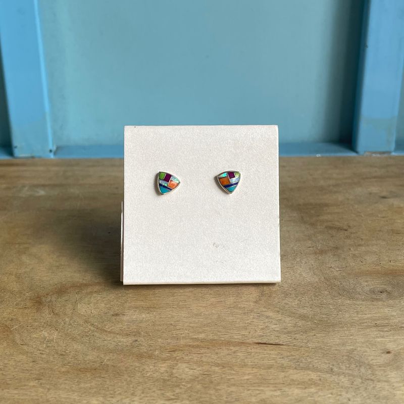 Sterling Silver Inlaid Studs - Multicolor Triangles