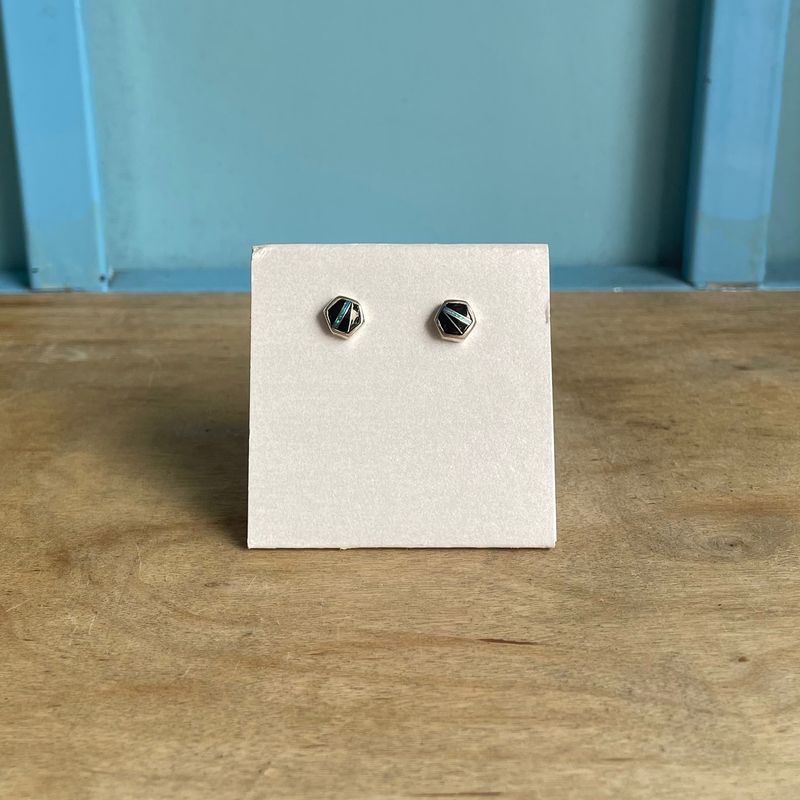 Sterling Silver Inlaid Studs - Onyx Hexagons