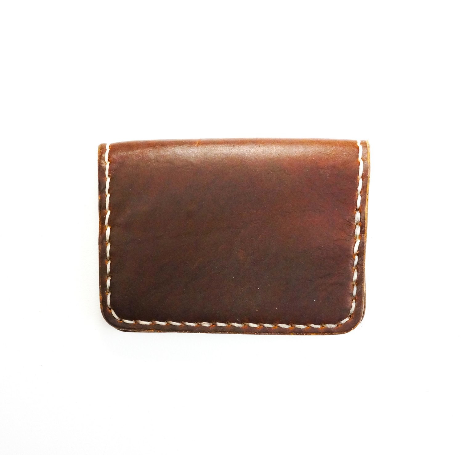 Minimalist Brown Leather Wallet With White Thread