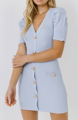 Puff Sleeve Button Details Knit Mini Dress Blue