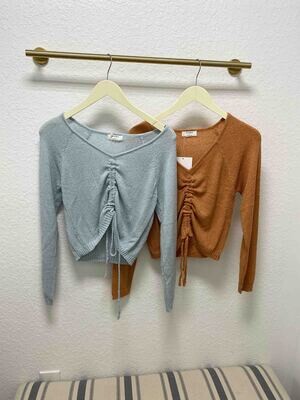 Drawstring Front Cropped Sweater Top