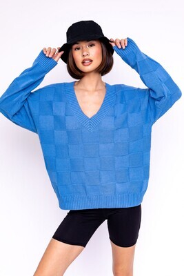 V-Neck Oversized Blue Checkered Sweater