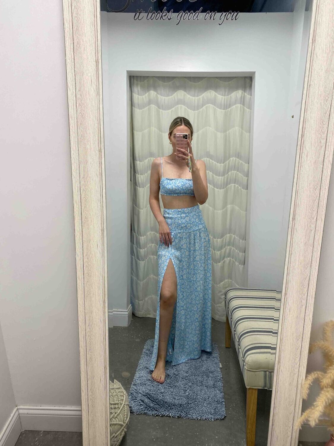 Floral Slit Maxi Skirt Blue