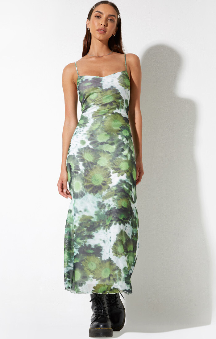 Chandra  Blurred Floral Maxi Dress Green