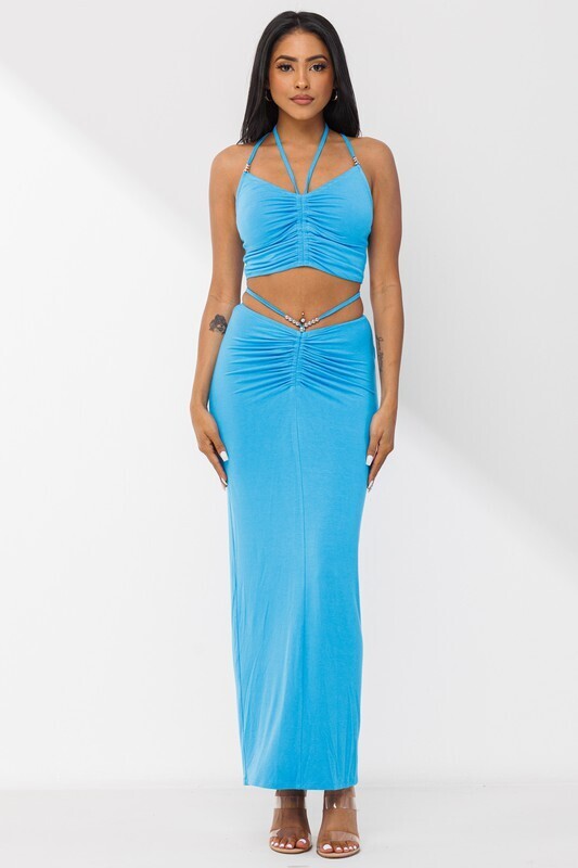 Shirred Front Midi Skirt and Top Set Blue