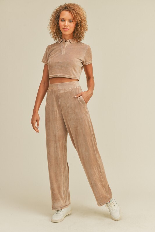 Velour Cropped Polo/Wide Leg Pant Set Taupe
