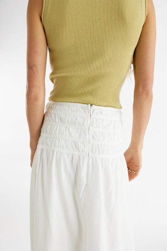 The Lany Shirred Waist White Midi Skirt
