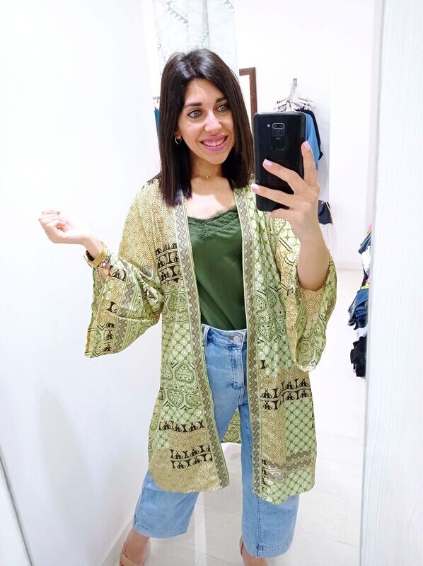 Maxikimono de seda estampado verde