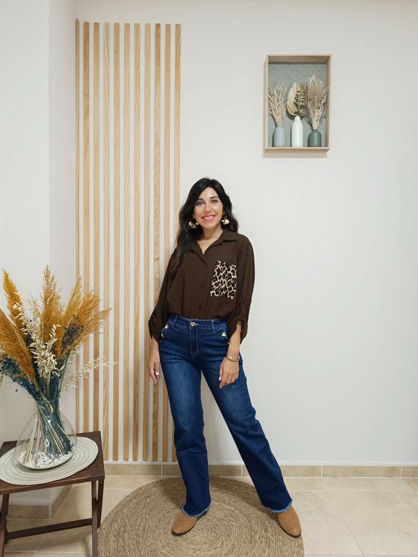 camisa, leopardo, marrón