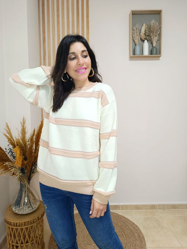Jersey beige con franjas en color rosa y detalle de blonda en el cuello