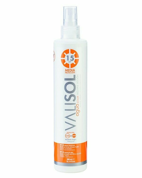 AGUA SOLAR MULTIPLE ACCION SPF15 Protege Hidrata Y Acelera El Bronceado 300 Ml.