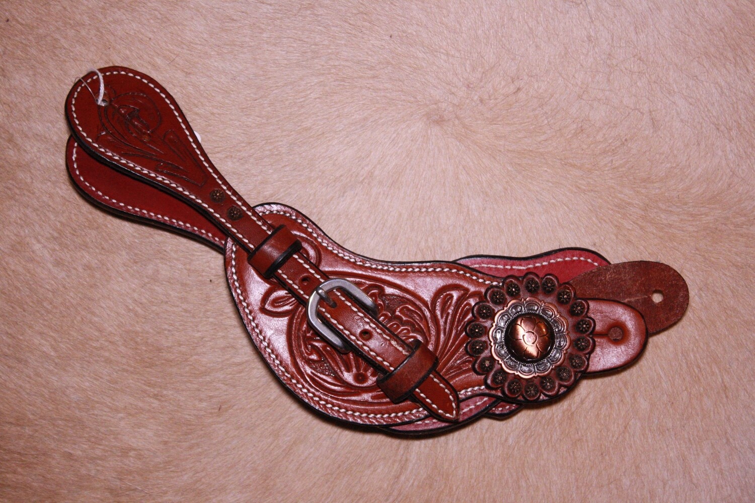 WRH Dark Floral Tooled Spur Straps with Bronze Concho