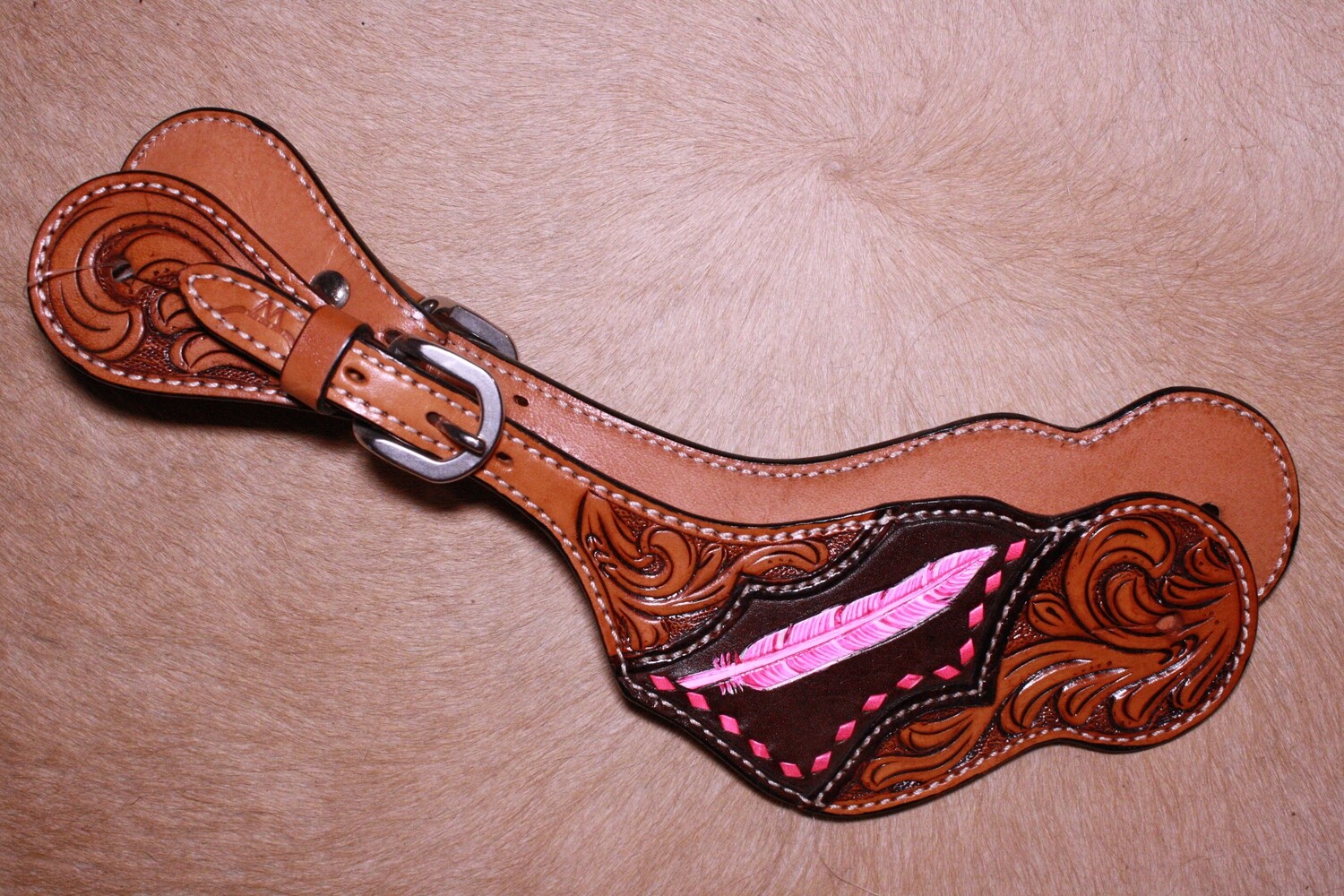 Two-Toned Leather Hand Painted Spur Straps-Pink Feather