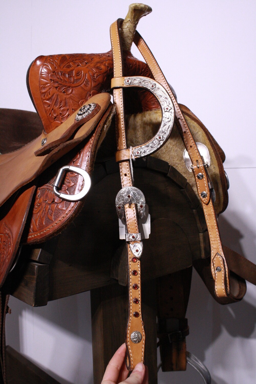 Congress Leather Head Stall with Red Gems/Flowers Tan