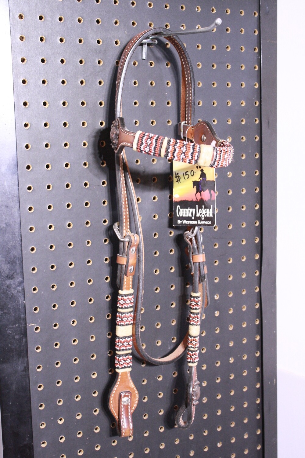Country Legend Browband Head Stall Chestnut, Black/White/Red Beads
