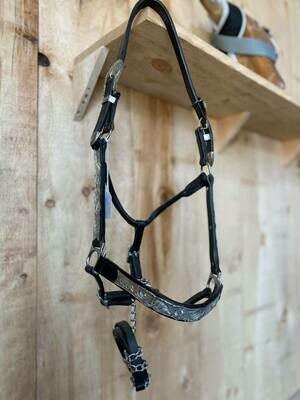 Black Leather Show Halter with Tooled Silver-Average