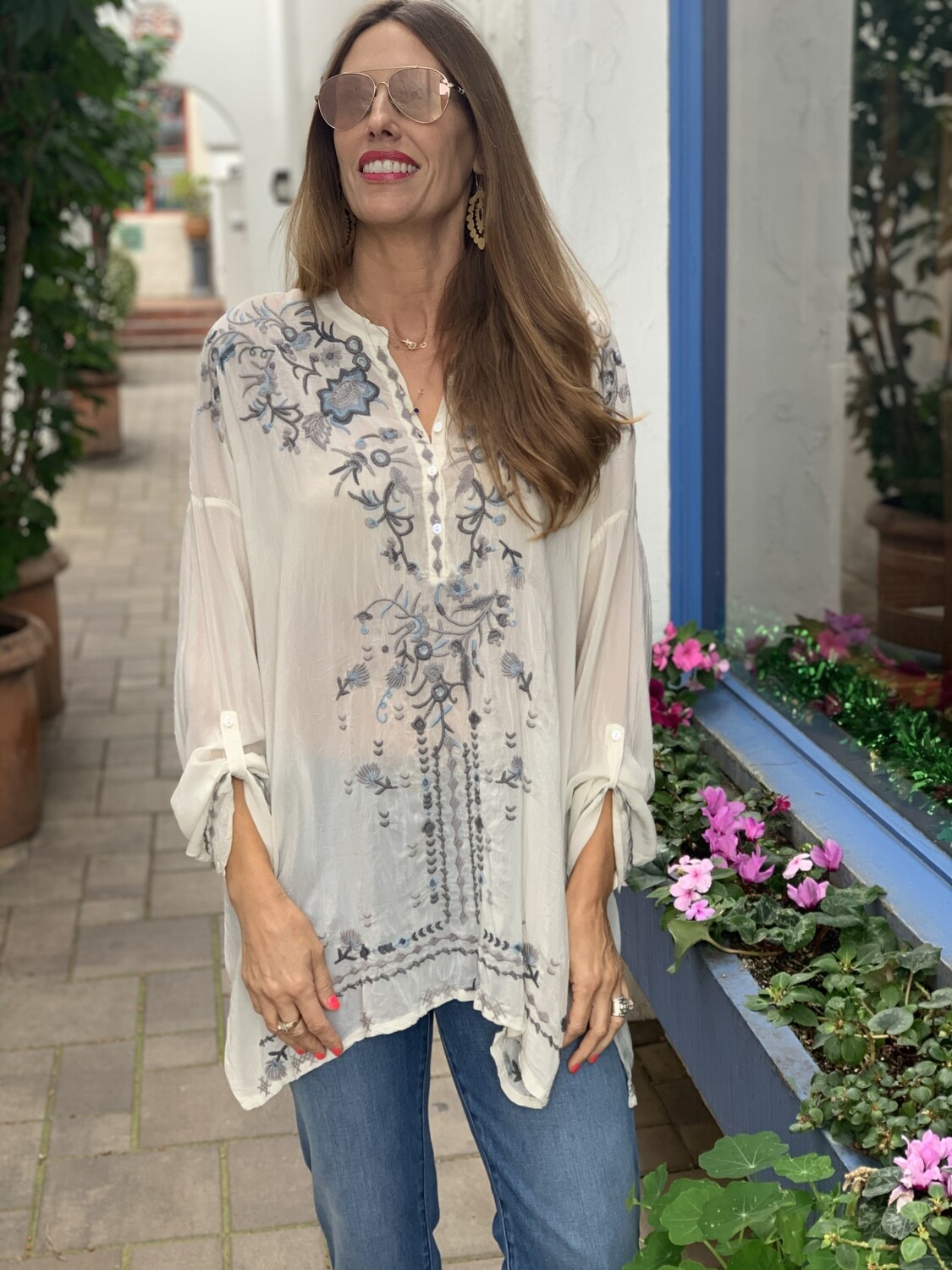 Johnny Was Blue & Gray Embroidered Tunic